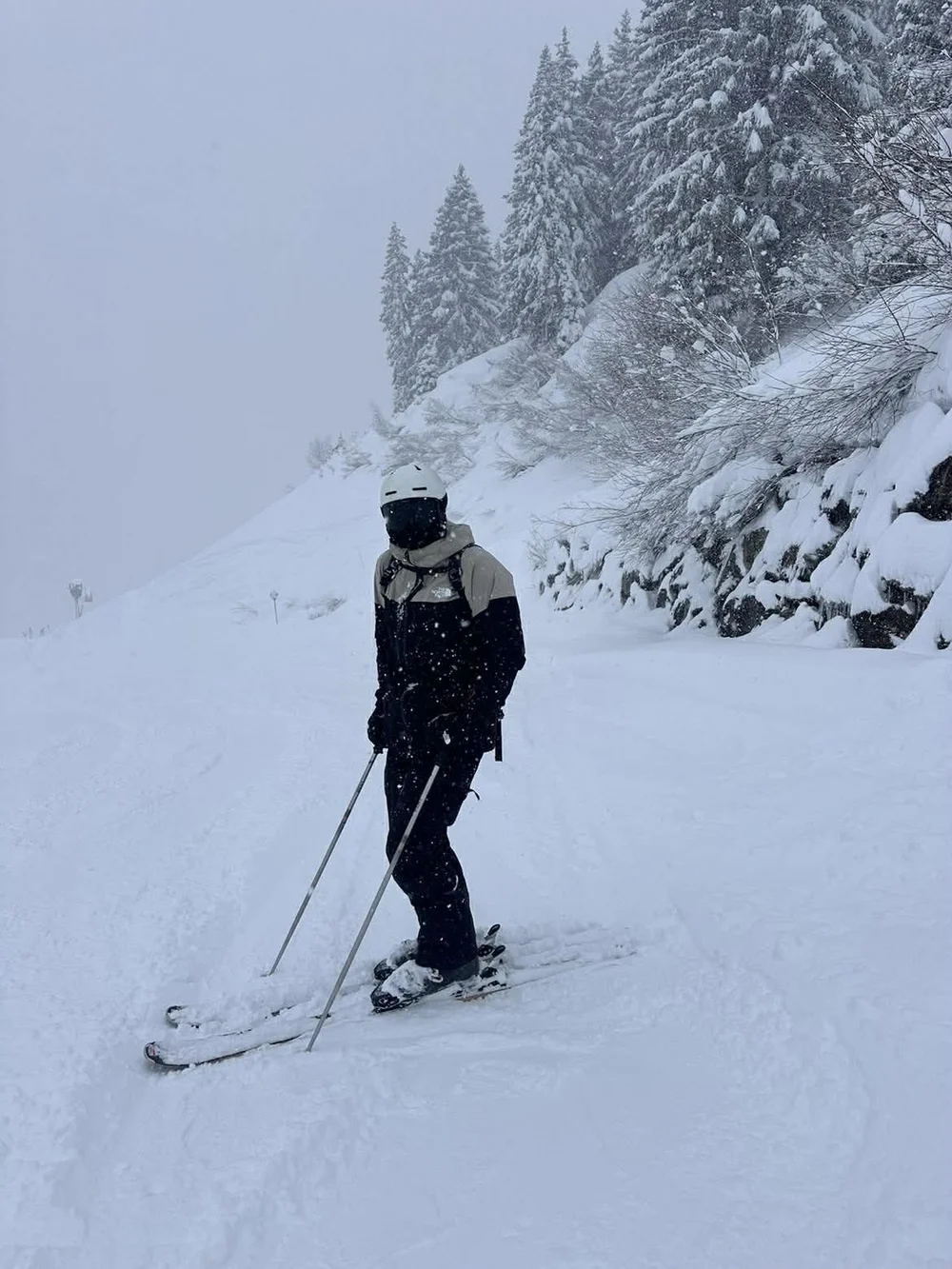 Skiløber kører ned ad pisten i whiteout med TORAN skibrille