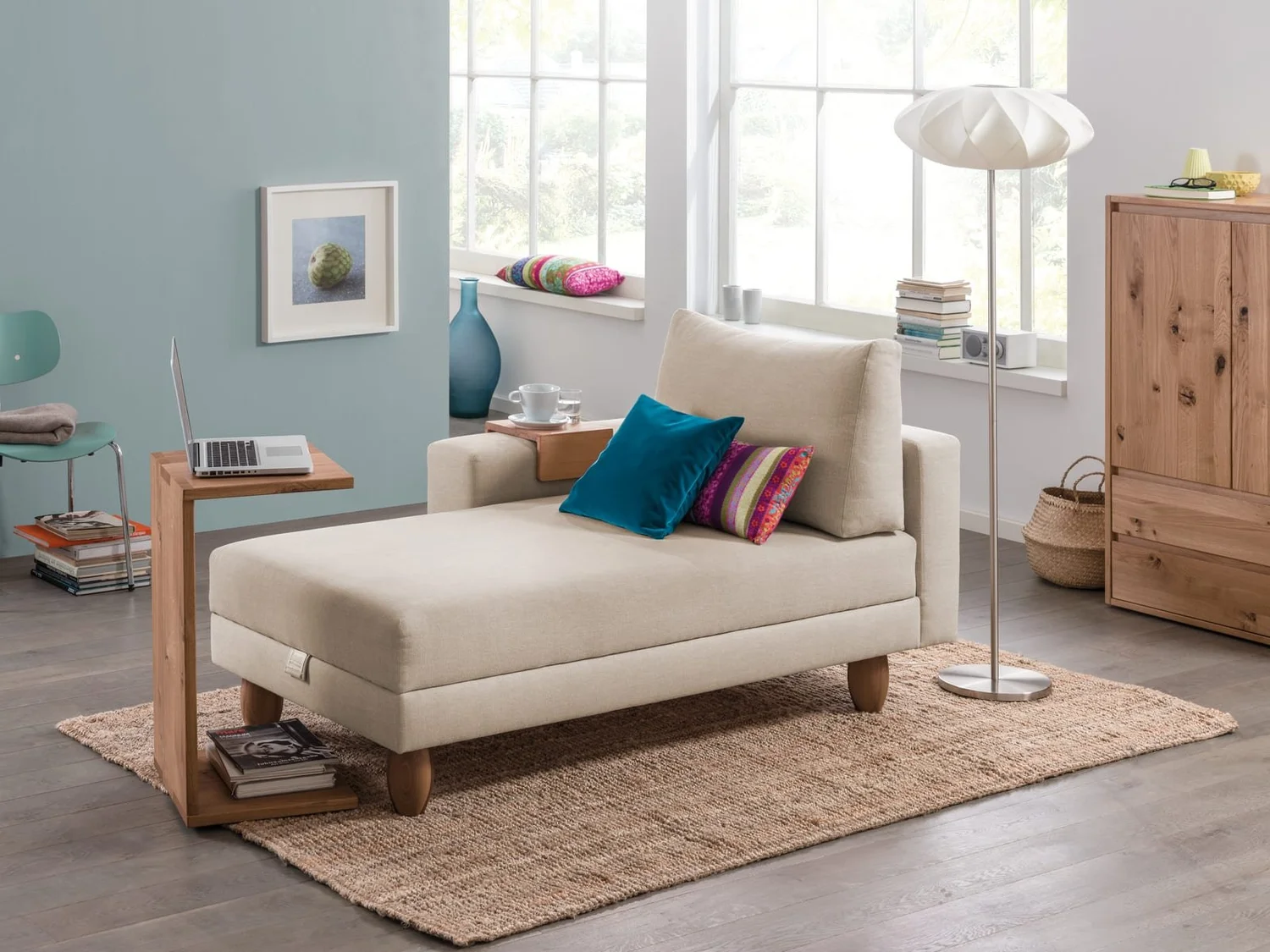 Zedulo 2 ottoman sofa bed with side backrest, set as a sofa