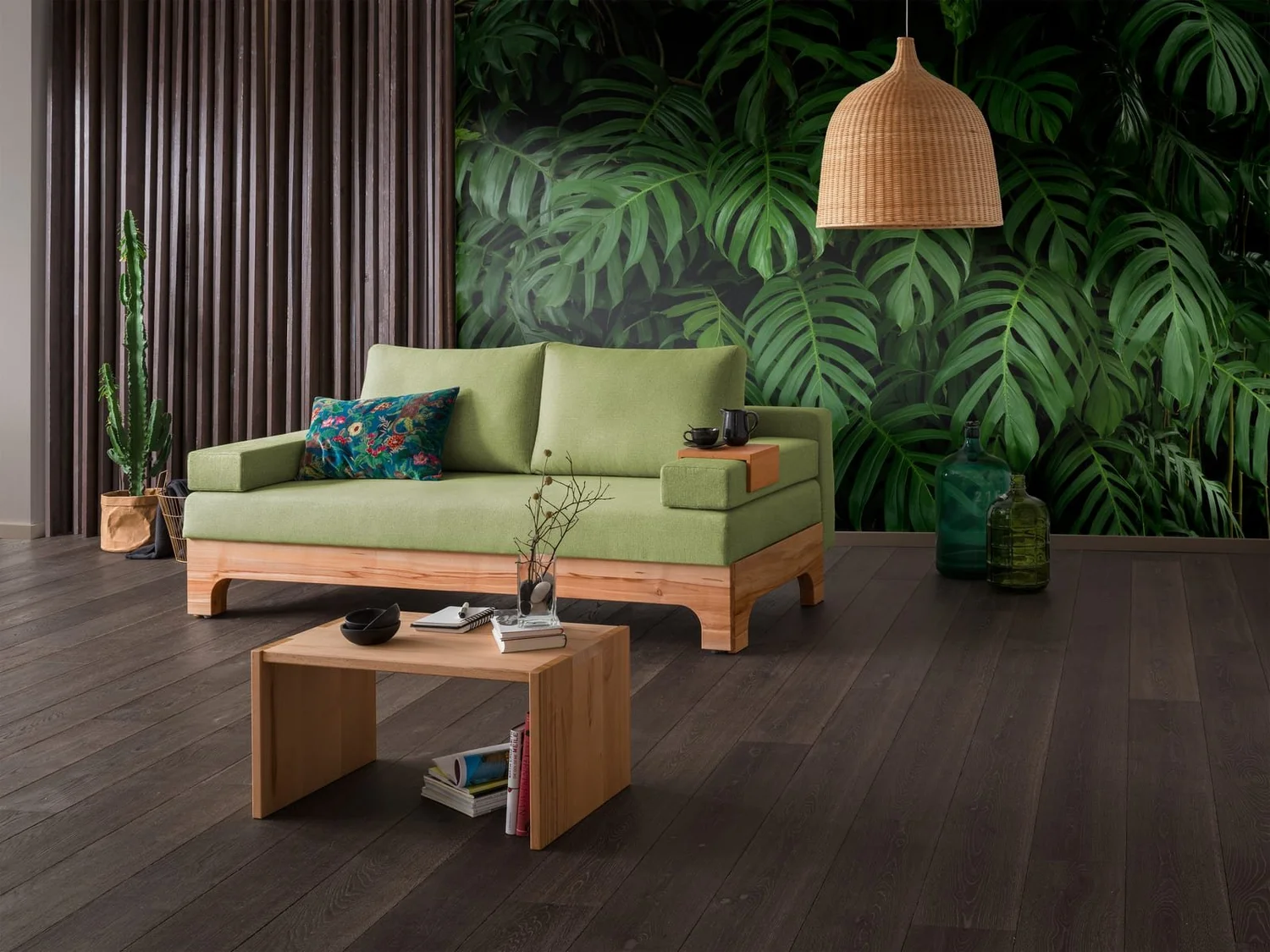 Zedulo 4 sofa bed with visible solid wood frame and green cushions
