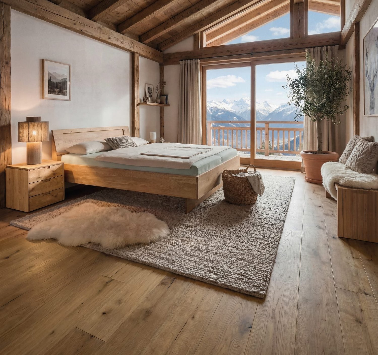 Dormiente Arive modular solid wood bed with nightstand in an alpine bedroom