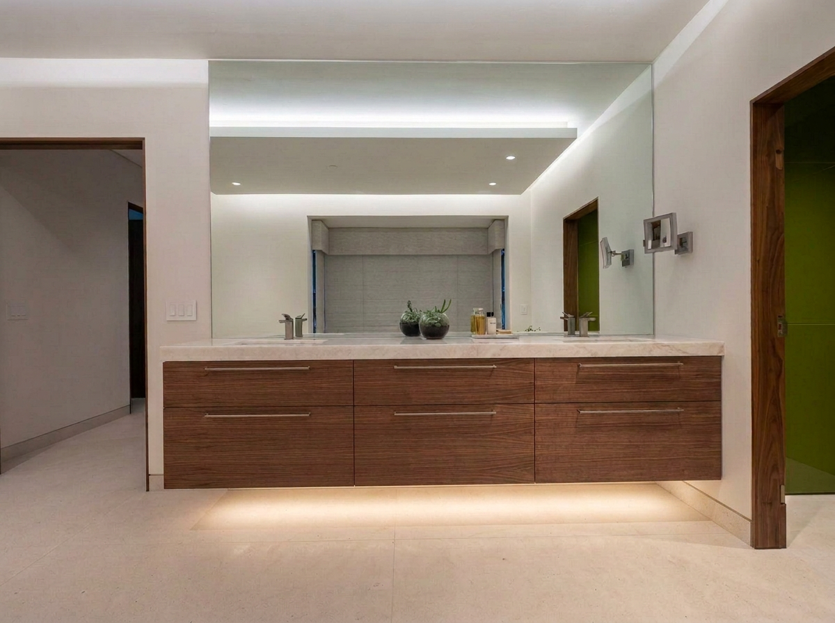 Finished floating walnut double vanity with backlit mirror, designed by KP Kitchen Design