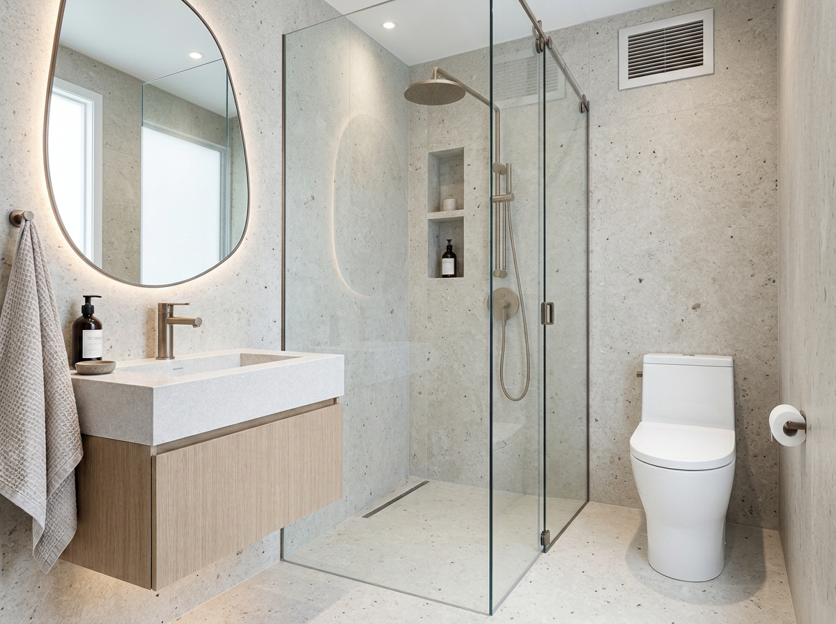 Loft bath after: stone-look tile, floating oak vanity and backlit organic mirror