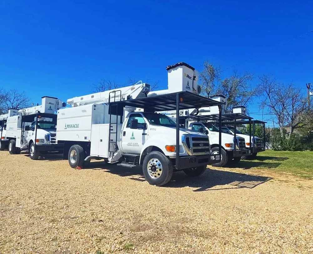 Pinnacle Tree Experts bucket trucks parked together