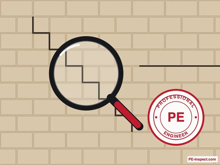 Illustration: magnifying glass over a cracked block wall with a PE seal
