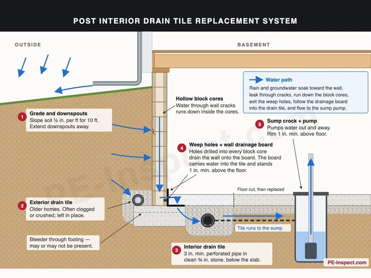 Section drawing of a post interior drain tile replacement system
