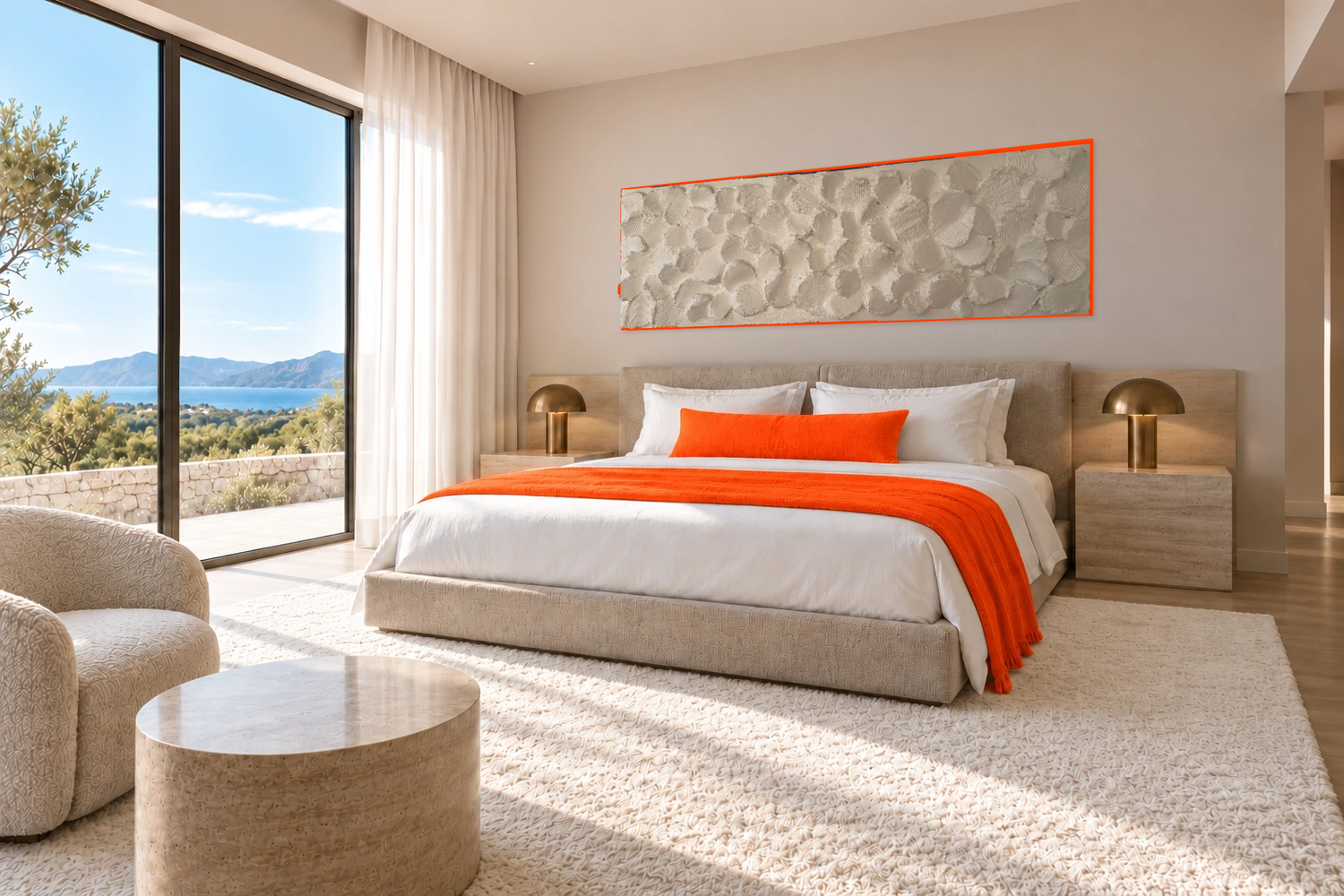 Original white sculptural relief by Naïah with an orange painted edge, visualised above the bed in a contemporary hotel bedroom