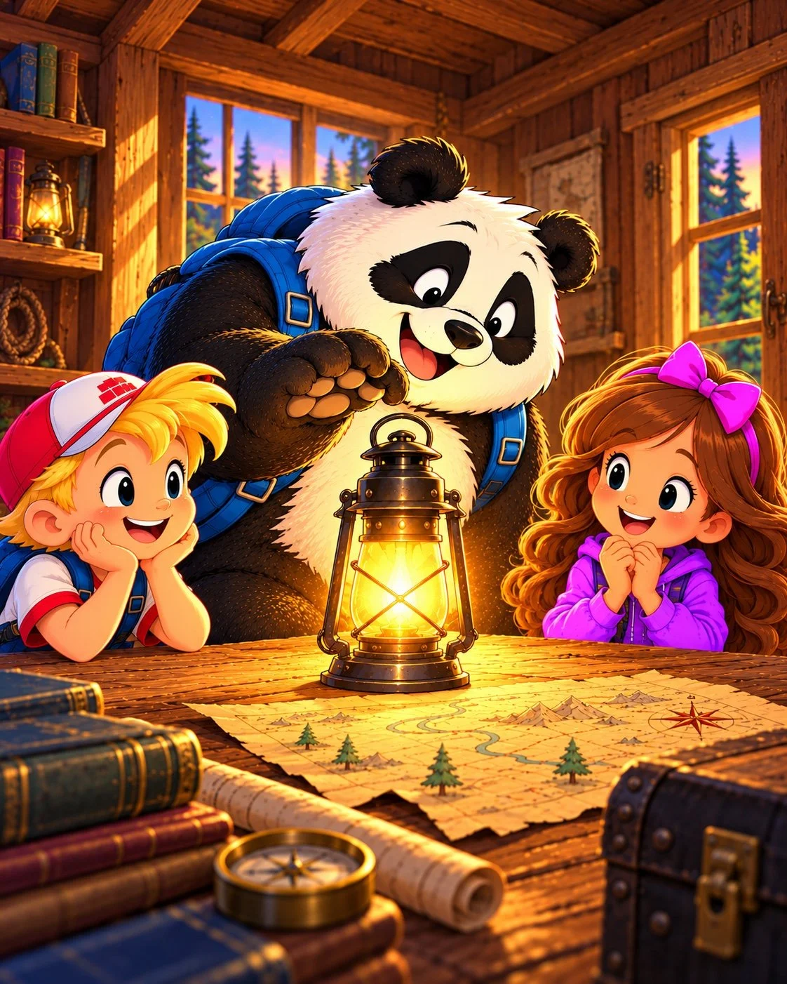 Thaddeus the panda, Jon, and Grace explore a map together by lantern light