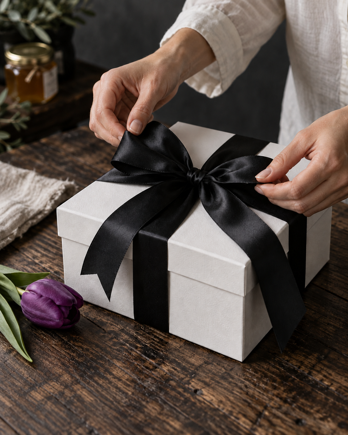 Finishing a white gift box with a black satin bow