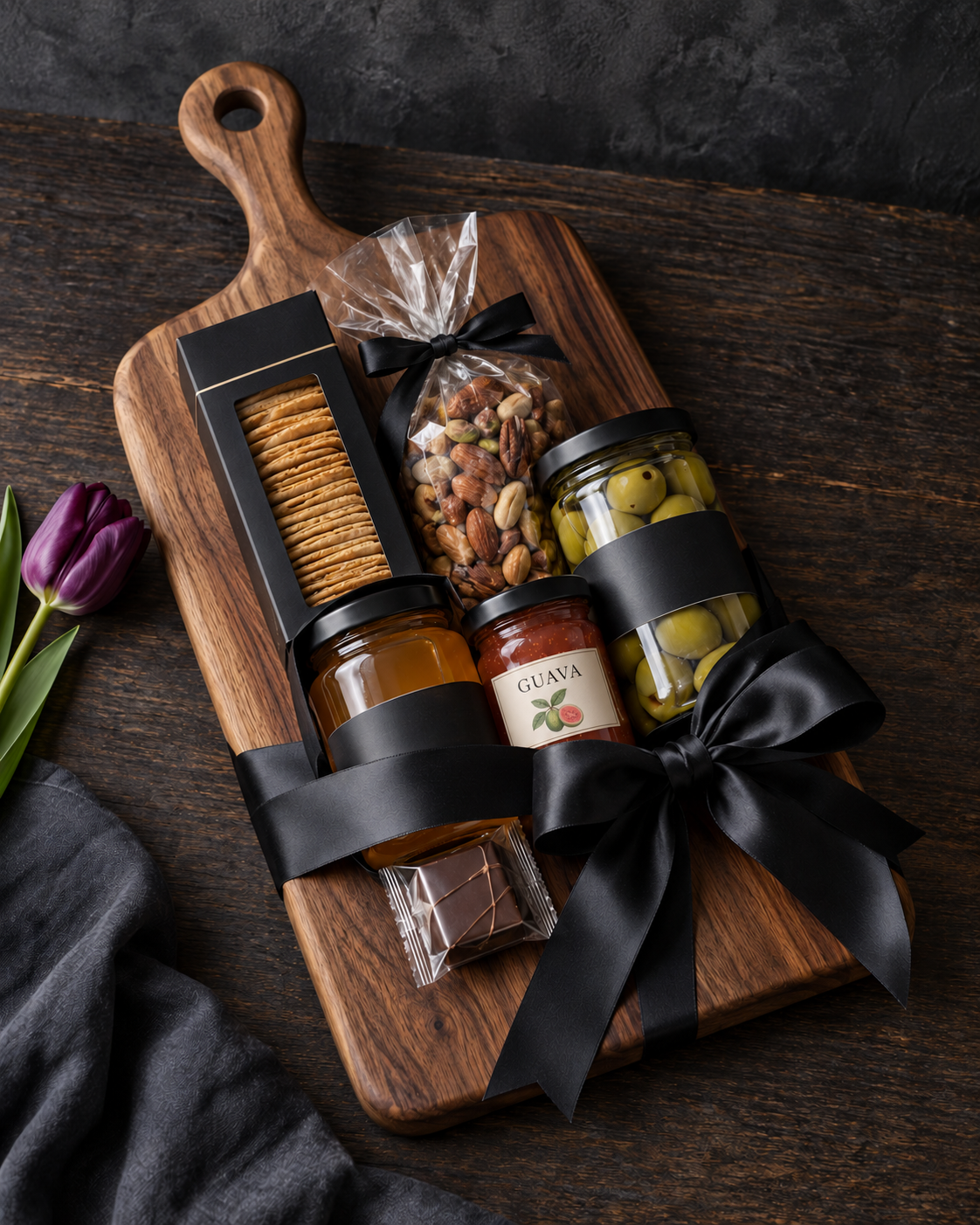 Gourmet gifts arranged on a wooden board, with guava preserves and a black satin bow