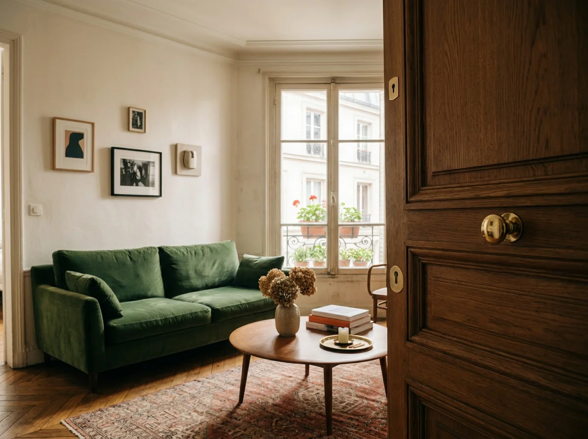 Séjour d'un appartement loué en Île-de-France, vu depuis la porte d'entrée entrouverte