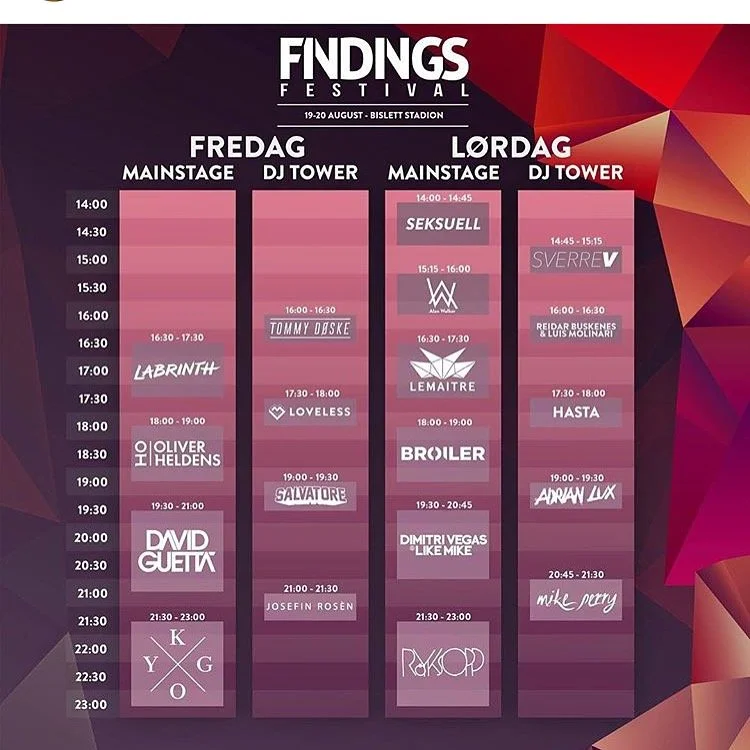 Programmet for Findings Festival med Reidar Buskenes på DJ Tower