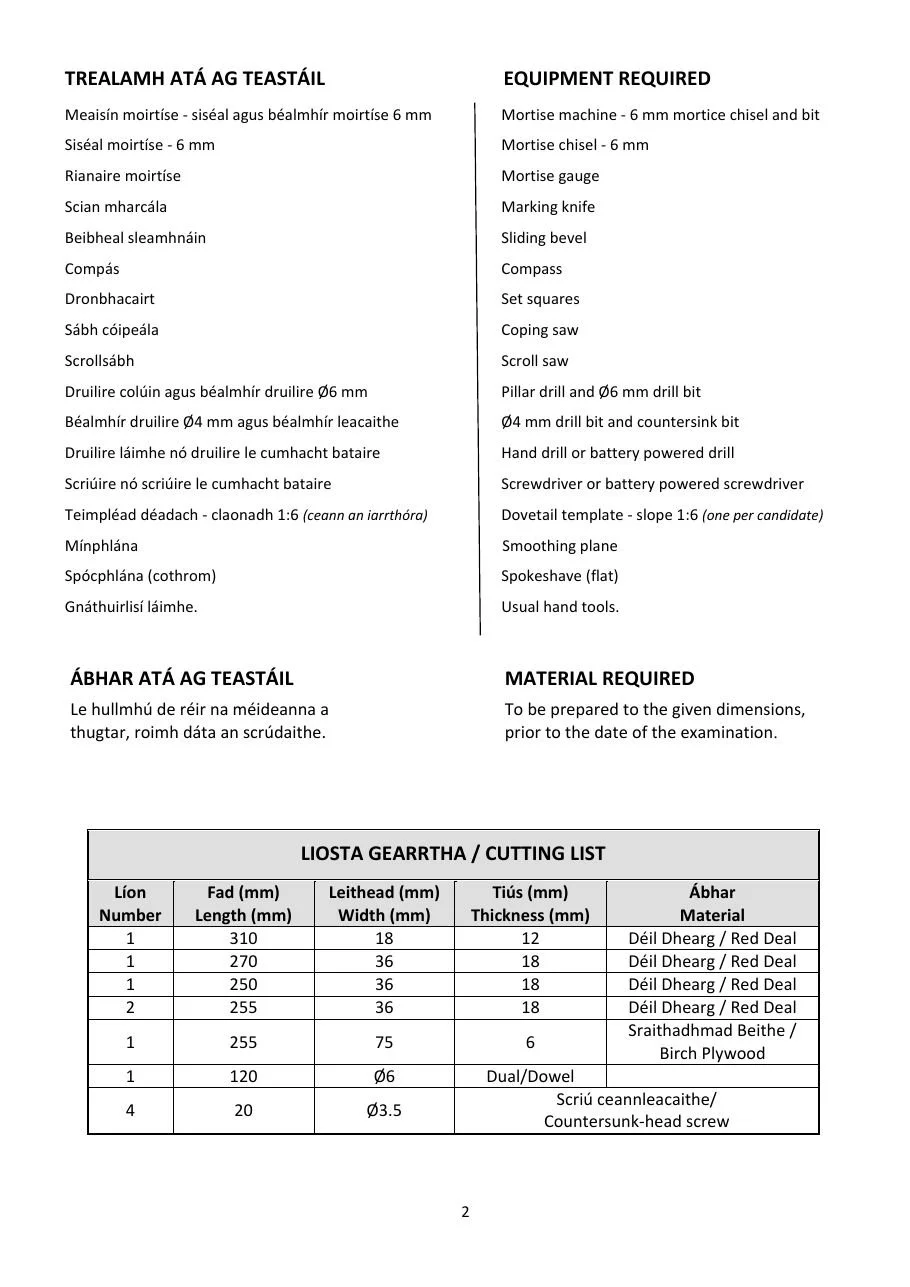 SEC sample Craft Skills Assessment, list of materials and equipment