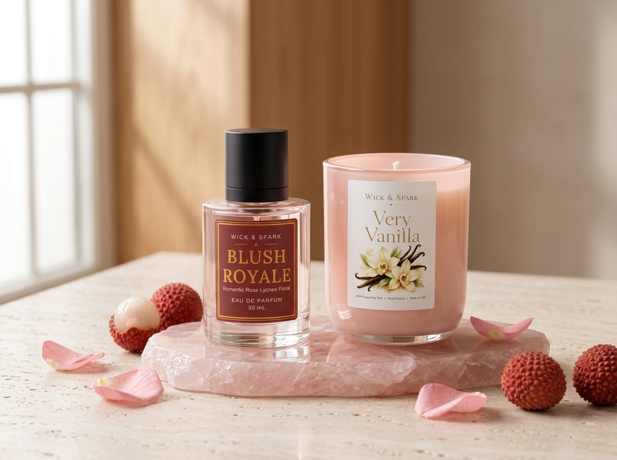 Blush Royale eau de parfum beside a Very Vanilla soy candle