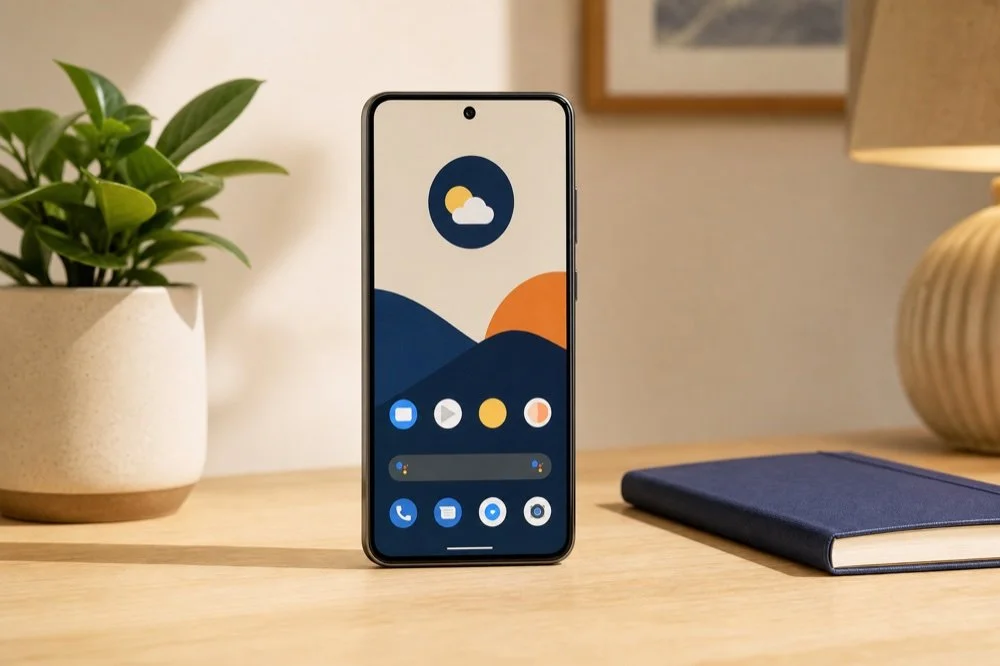 Modern Android phone on a home-office desk