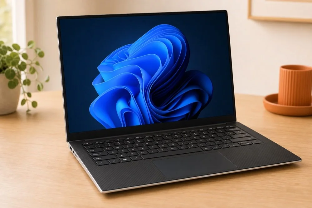 Dell XPS-style Windows laptop on a home-office desk