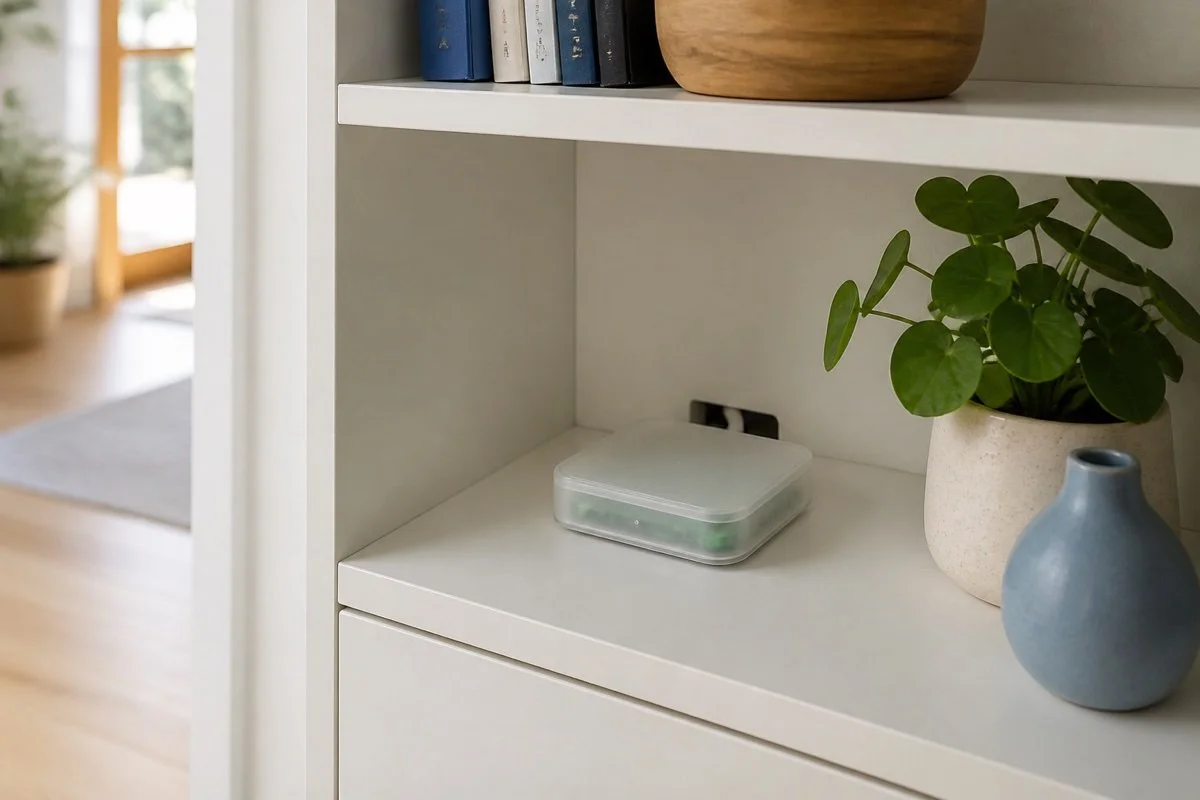 A small Home Assistant Green hub installed neatly on a home shelf