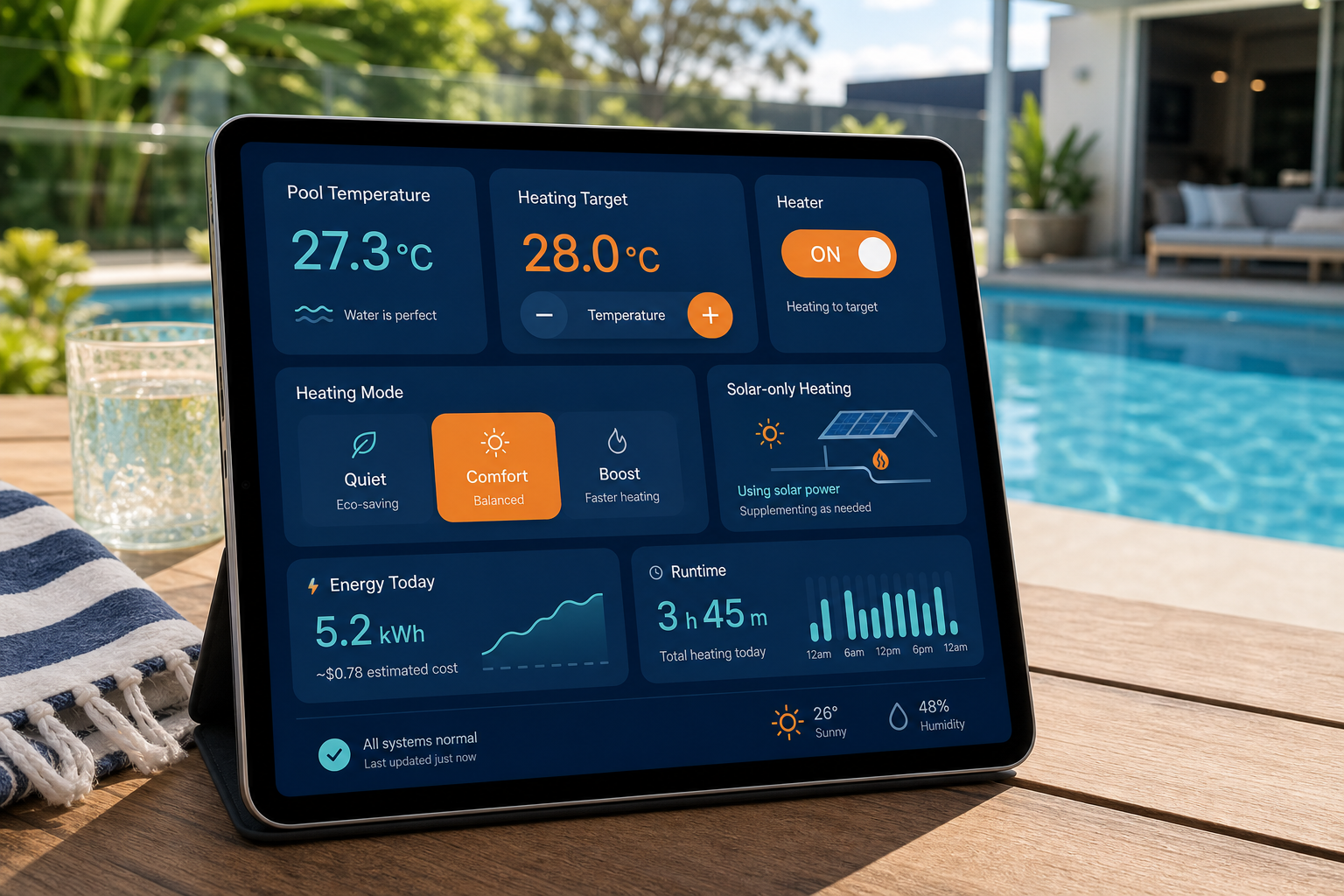 Example tablet dashboard for remote pool heating and solar automation