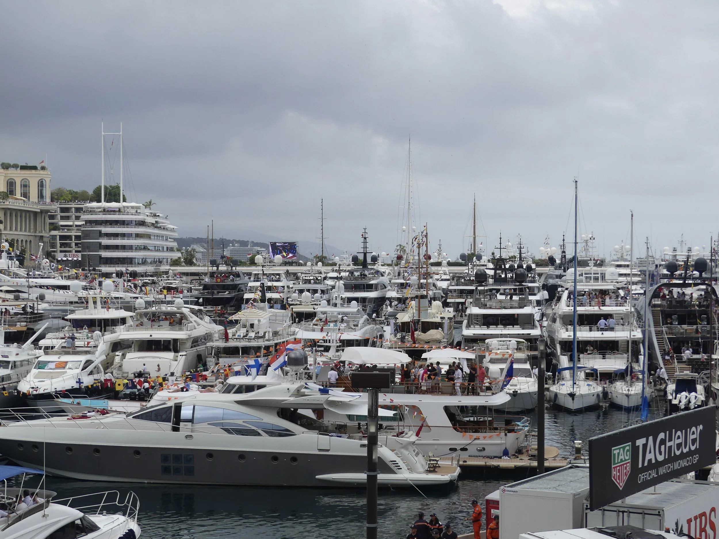 The harbor packed with yachts for race weekend.