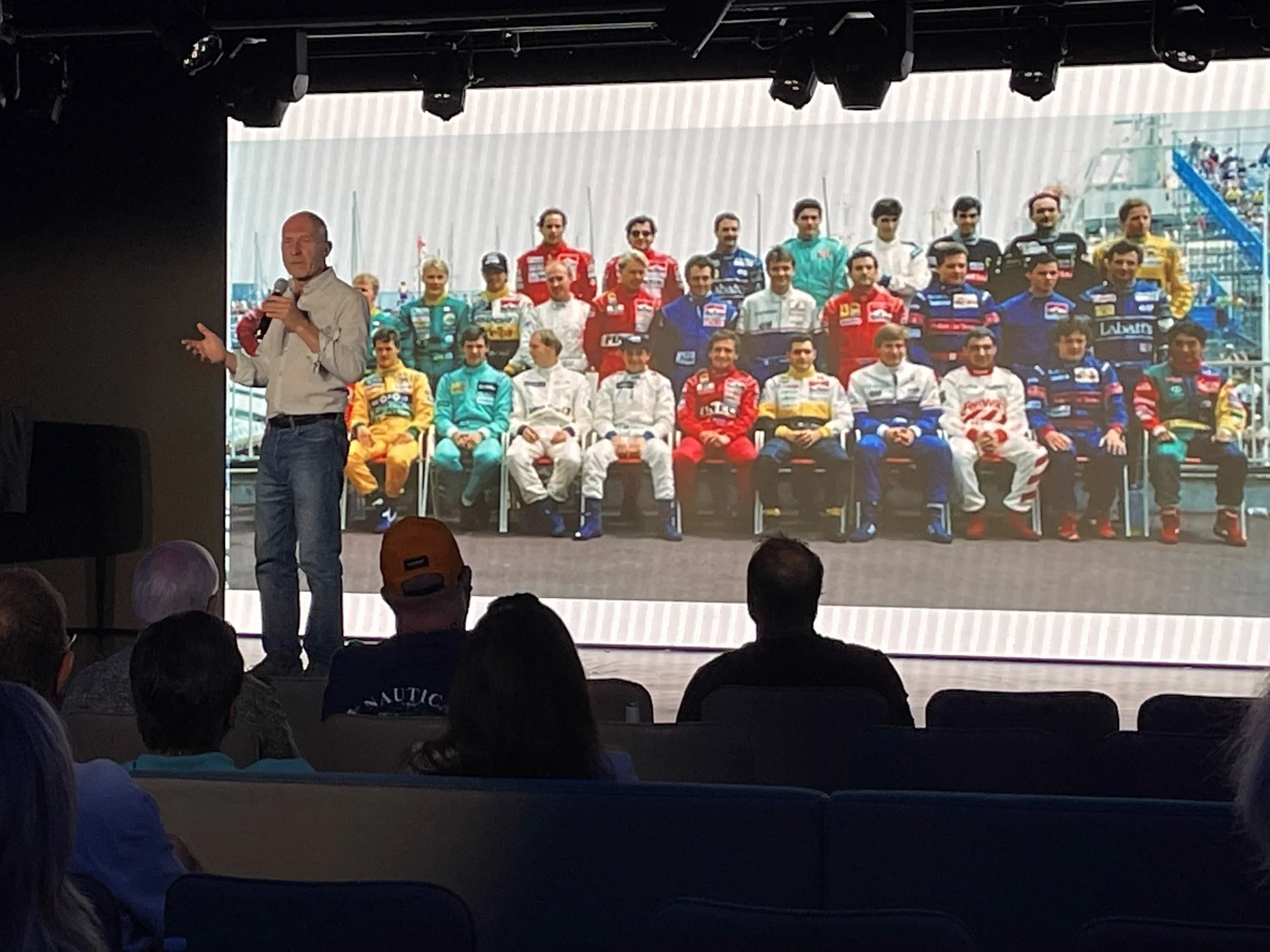 An onboard talk tracing the Grand Prix's history, with a classic drivers' lineup on screen.