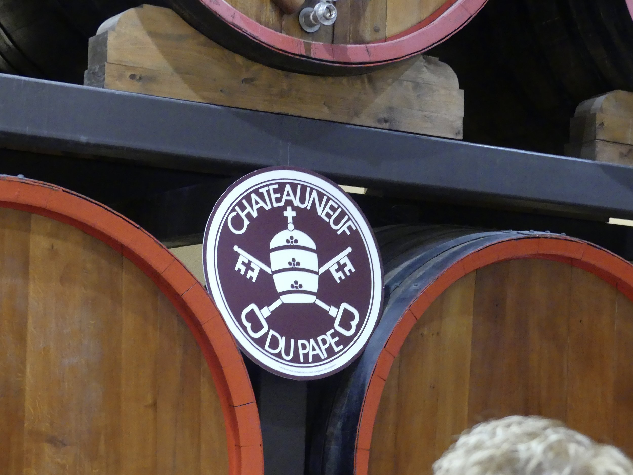 A Châteauneuf-du-Pape barrel head with the papal emblem.