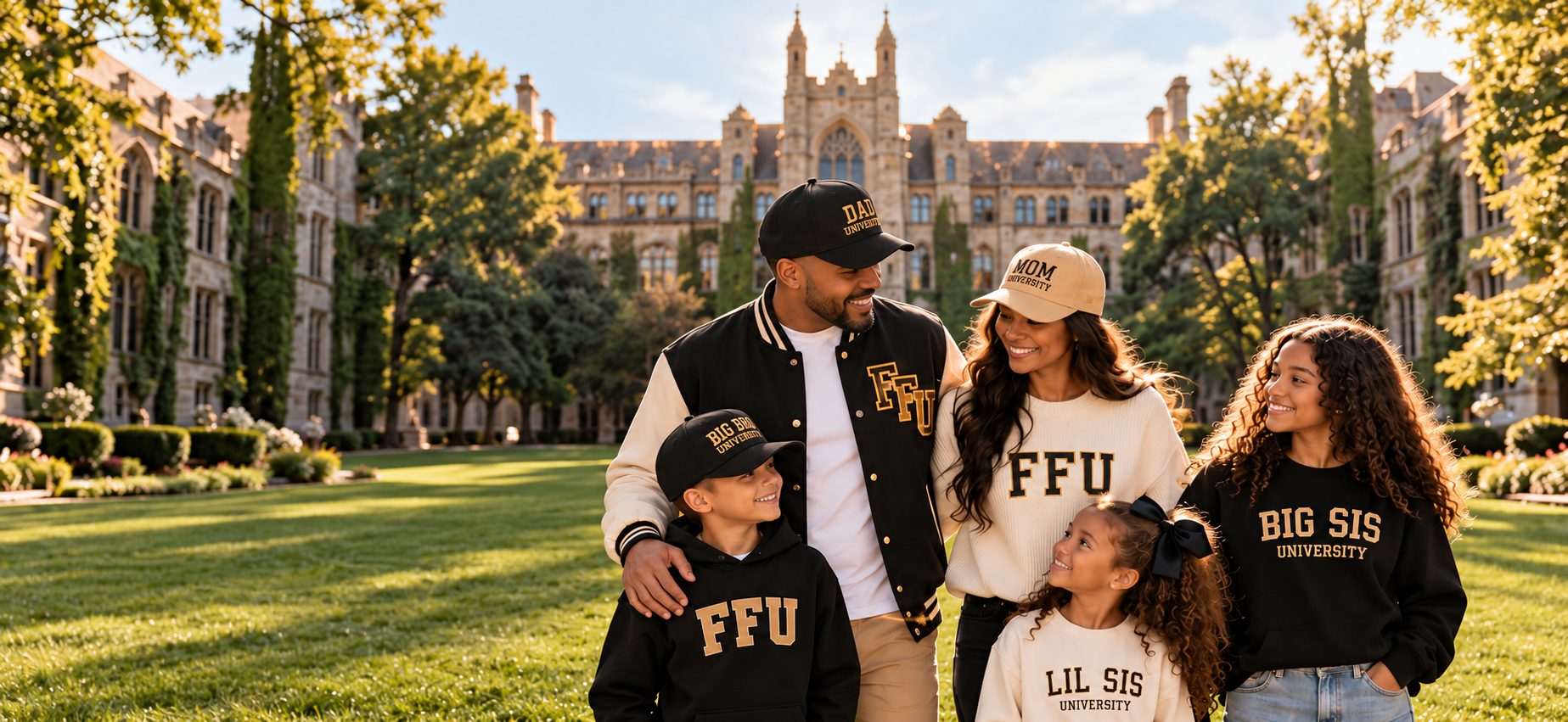 Family in black, cream and gold FFU apparel on an Ivy League style campus, with structured DAD and BRO caps