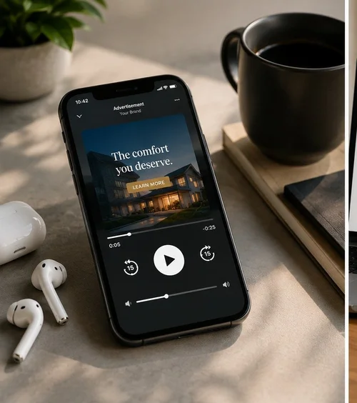Example of a streaming audio ad shown on a smartphone with wireless earbuds