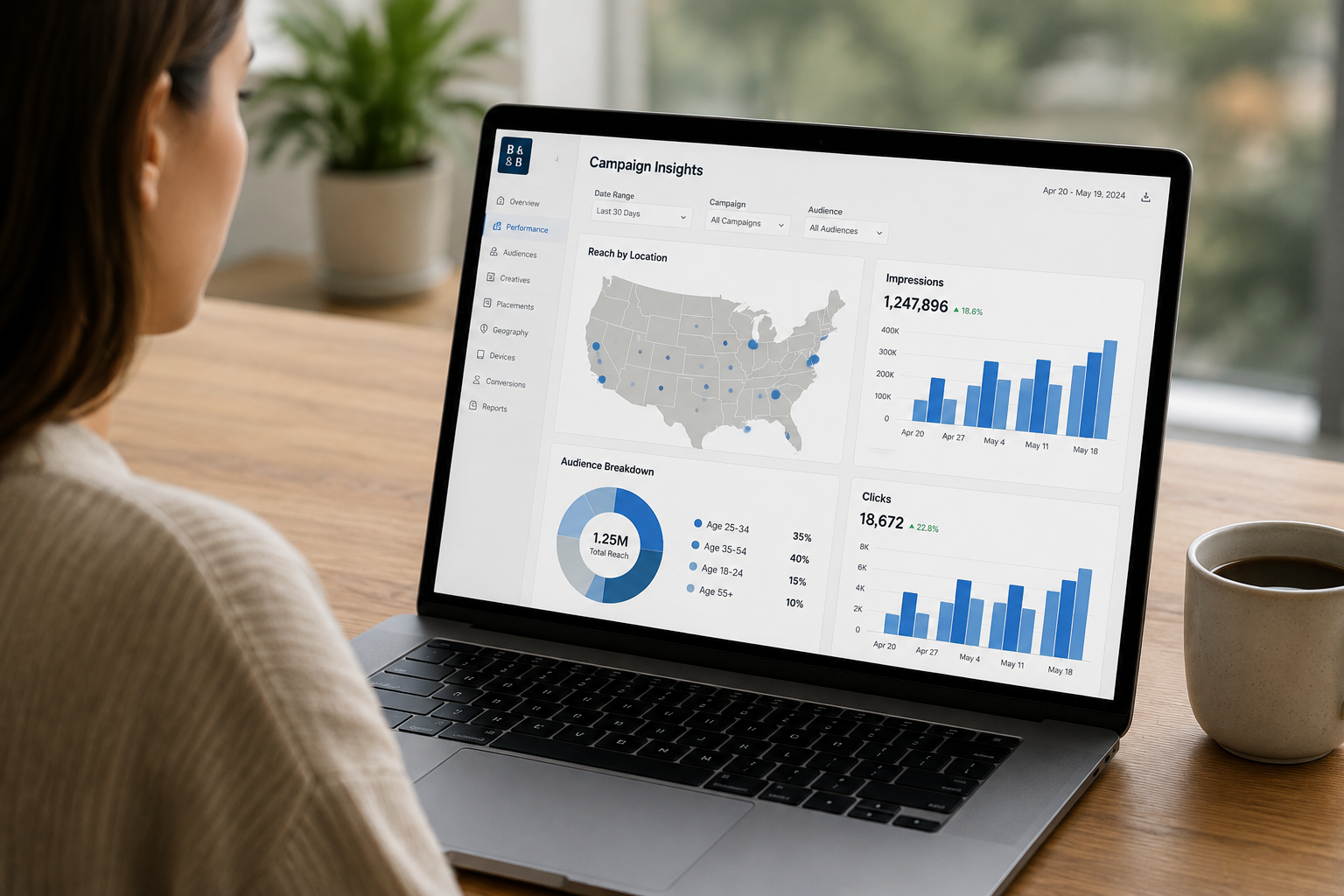 Marketer reviewing audience and campaign insights on a laptop