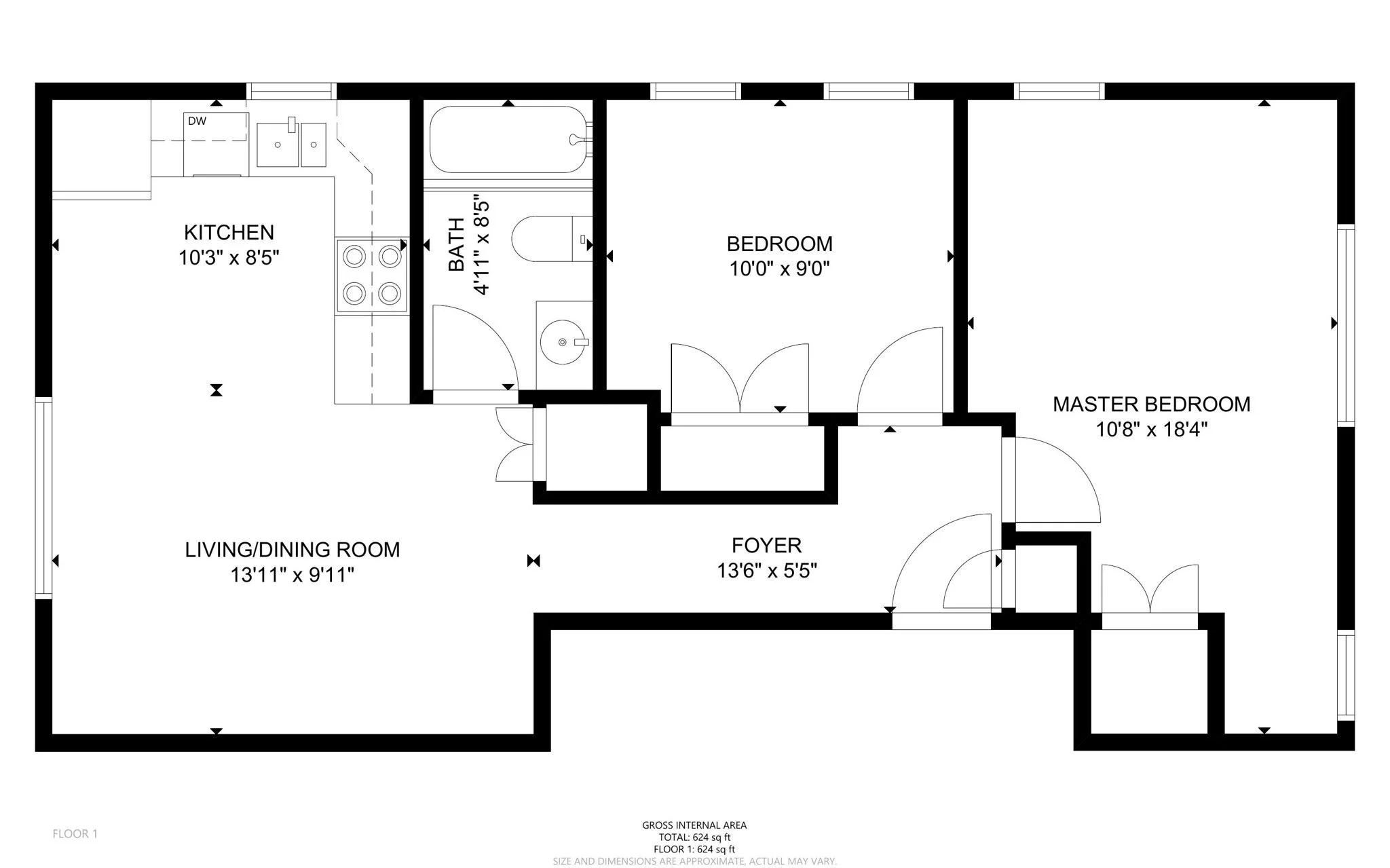 Unit 06 floor plan, 624 square feet, two bedroom one bath with in-unit laundry