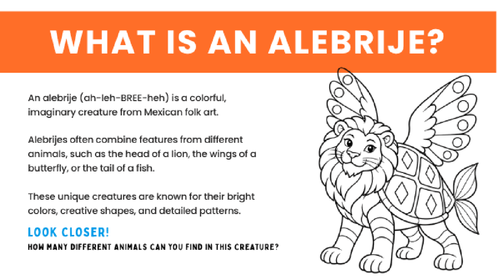 Second approved My Wild Alebrije slide with an orange heading, explanatory text and a black line illustration of an imaginary creature.