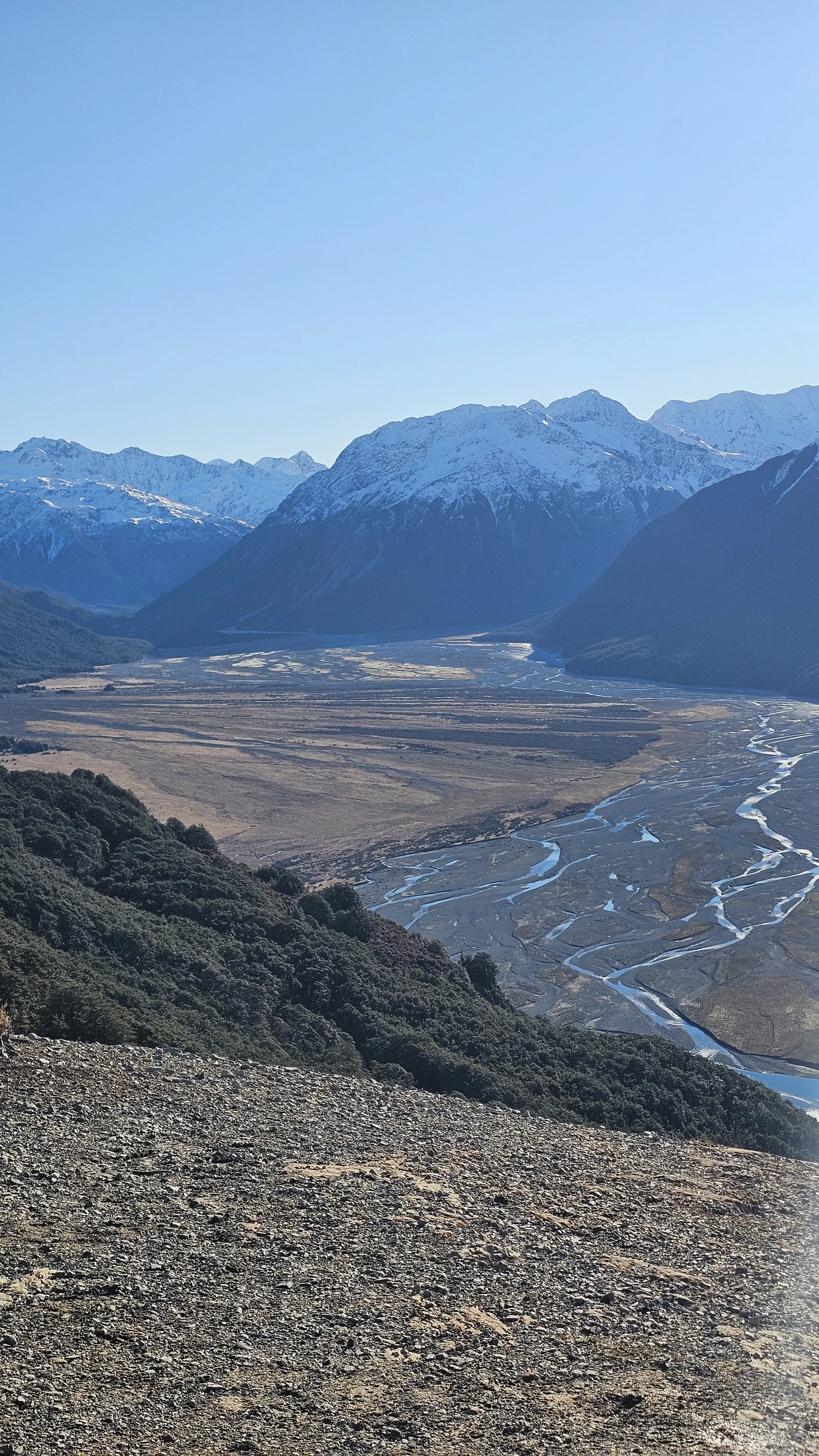 Braided river stretching through the Arthur's Pass alpine valley