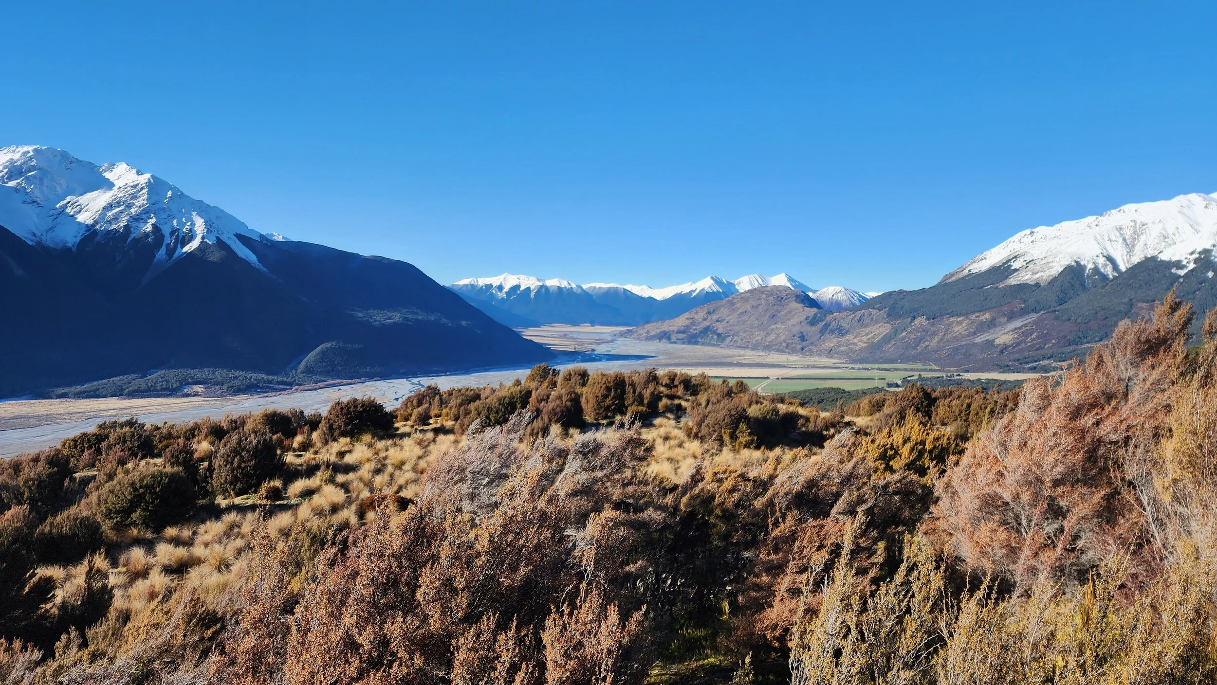 Wide view over the alpine valleys from Bealey Spur Track