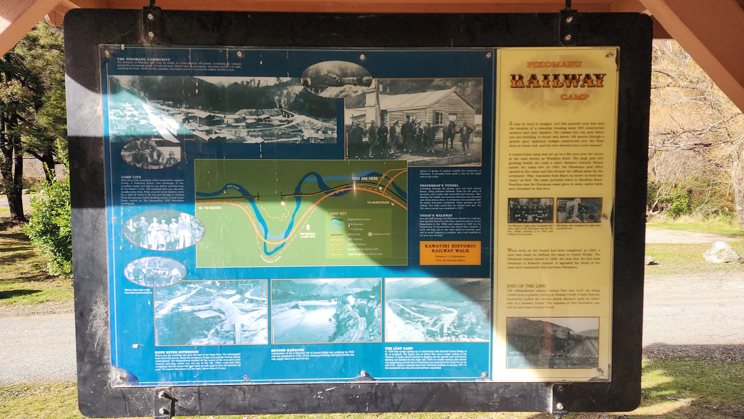 Historic railway information display at Kawatiri
