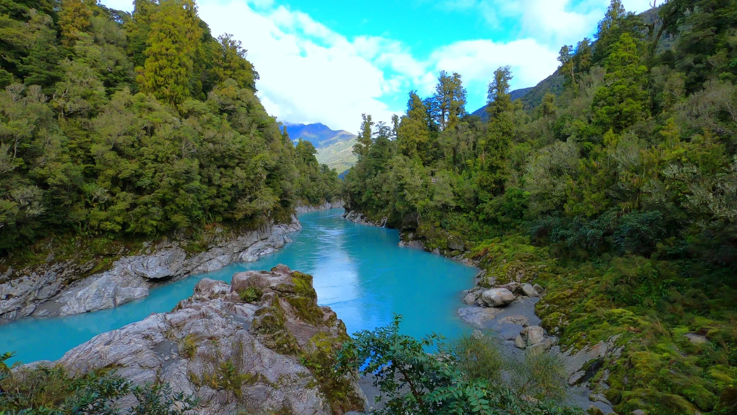 Blue-green water at Hokitika Gorge during our visit