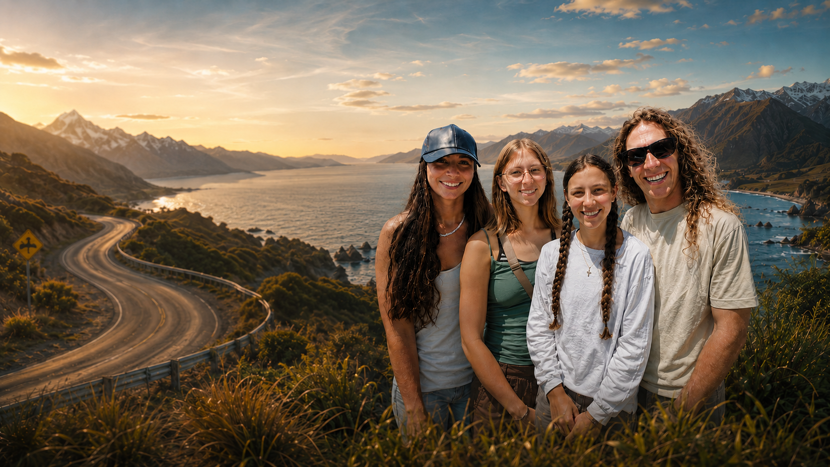 The Scenic Route family overlooking a mountain coastline in New Zealand