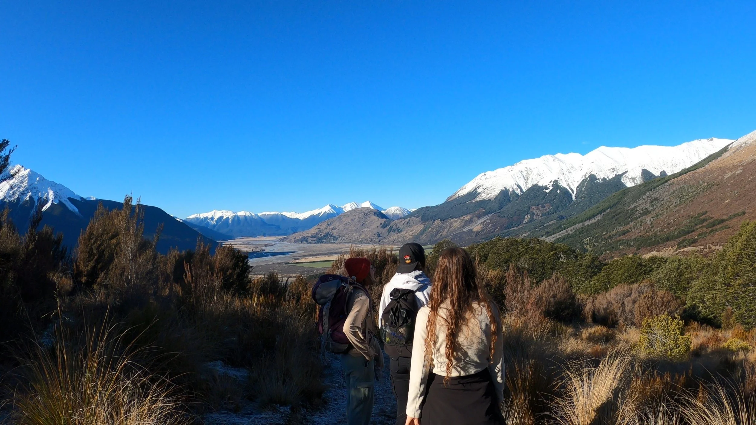 Walking back down Bealey Spur Track with the alpine valley beyond