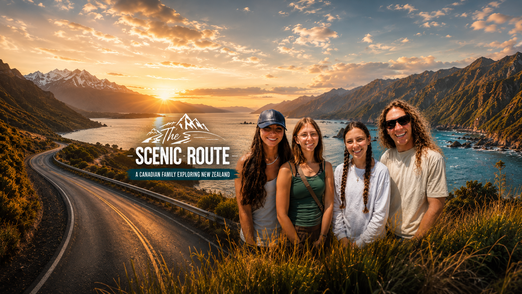 The Scenic Route family overlooking a mountain road and New Zealand landscape