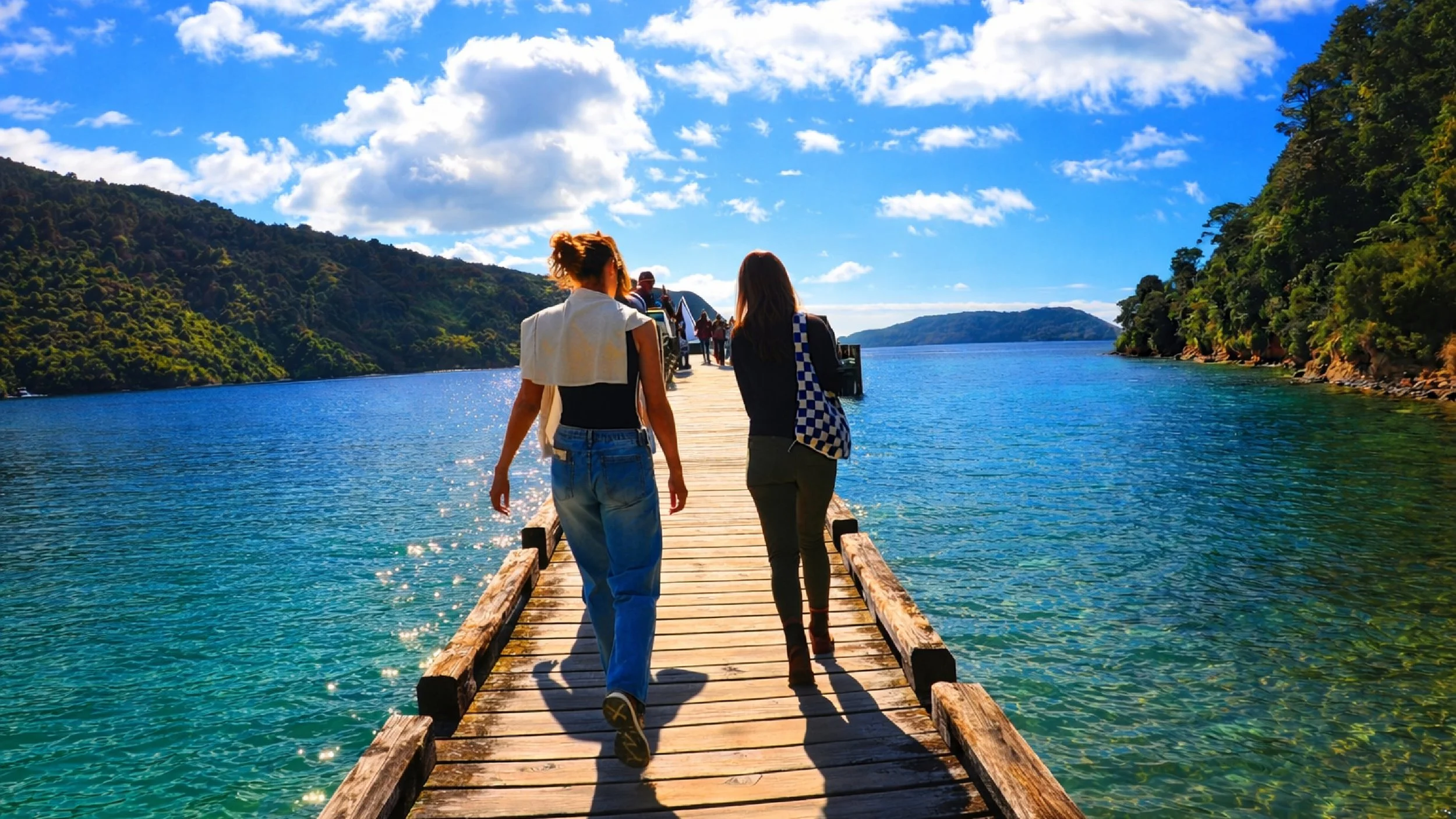 Walking along a jetty surrounded by clear blue water in the Marlborough Sounds