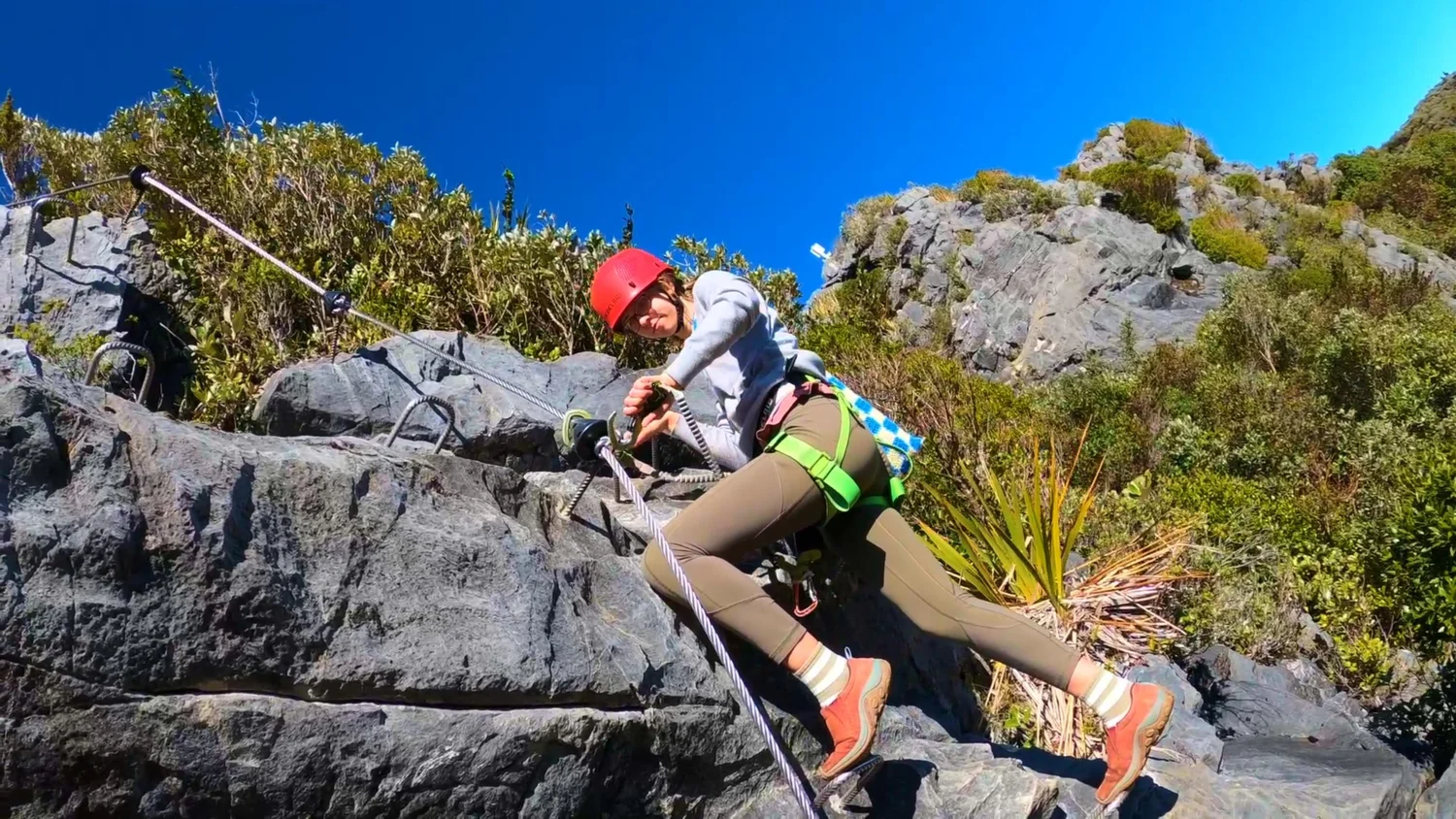 Angelina climbing a steep section of the Tākaka Hill Via Ferrata