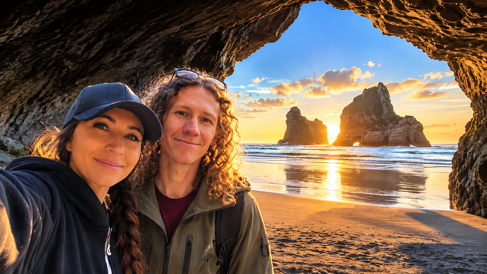 Brad and Kristine at Wharariki Beach with the Archway Islands beyond the cave