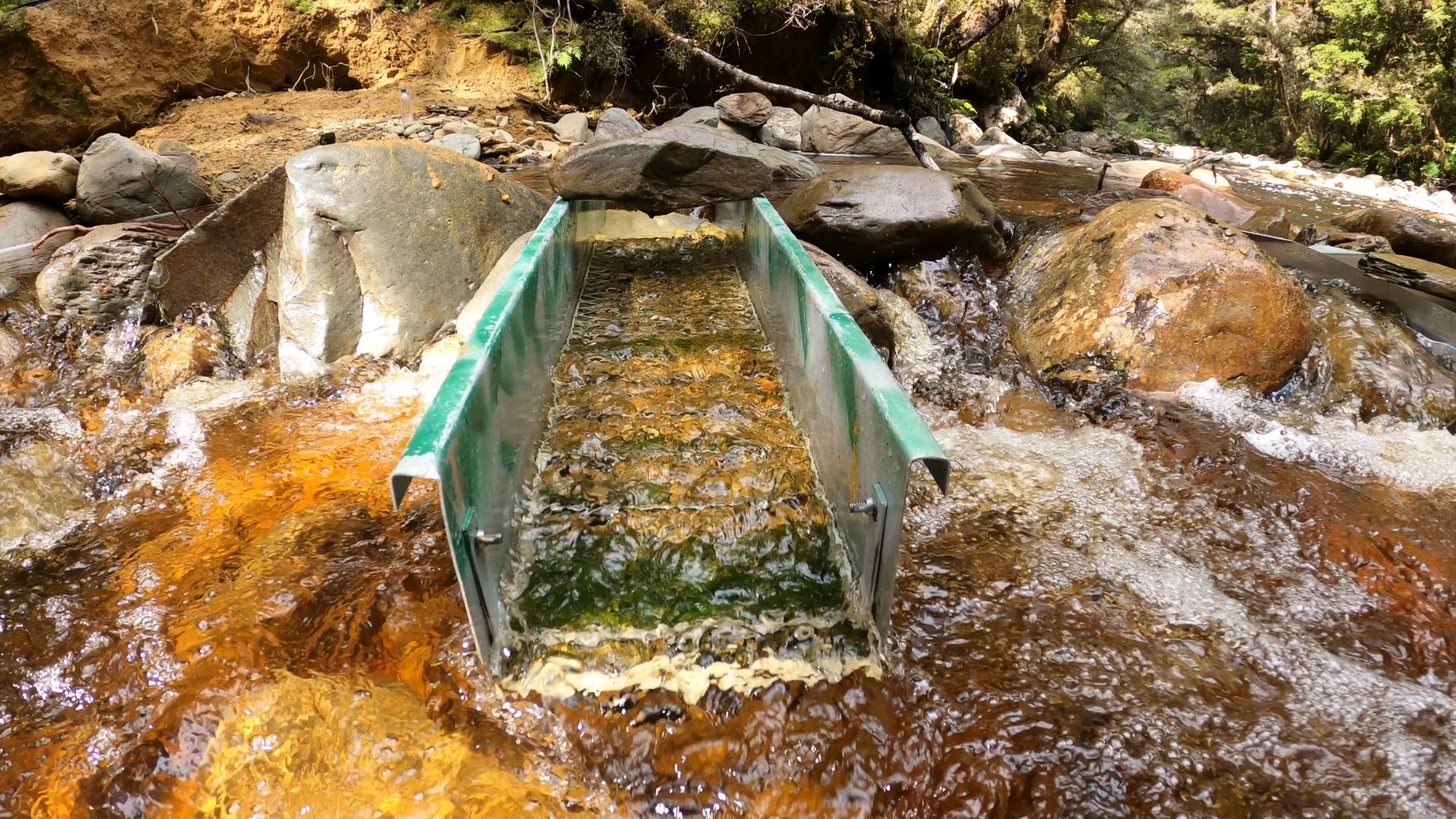 Gold sluice being used in Slab Hut Creek