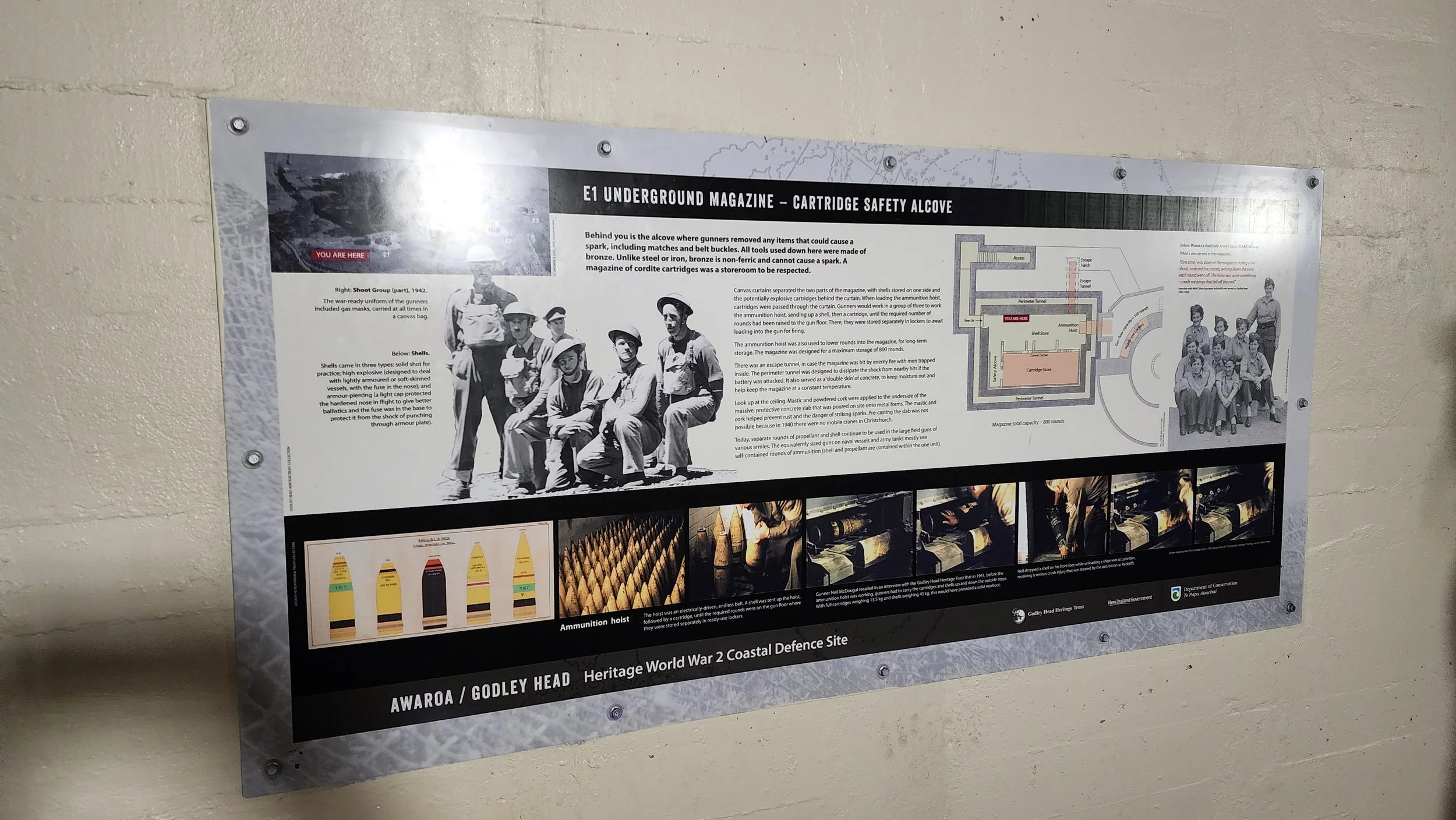 Interpretation sign explaining a wartime room at Godley Head