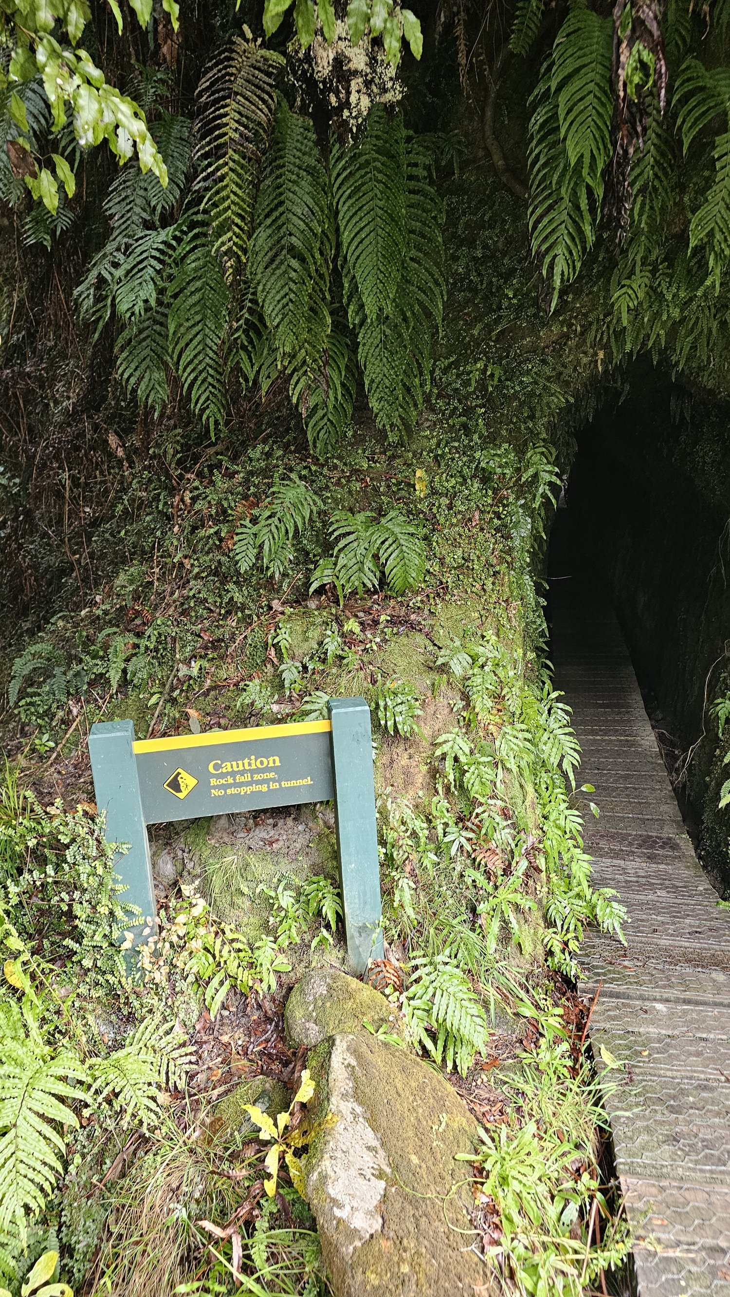 Tunnel entrance and rockfall caution sign