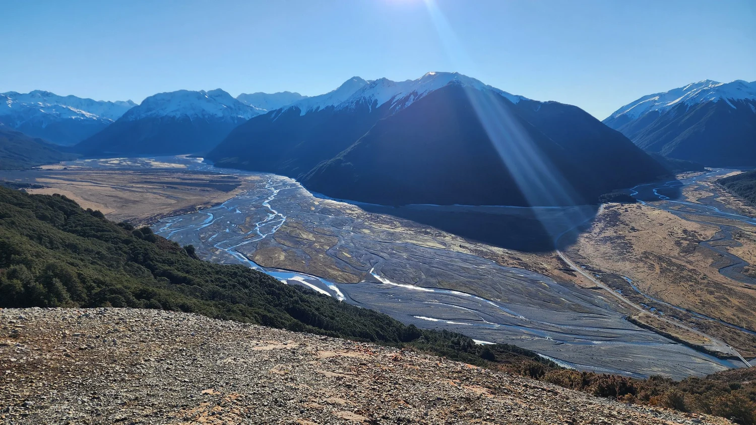 Snowy mountains and braided river valley from Bealey Spur Track