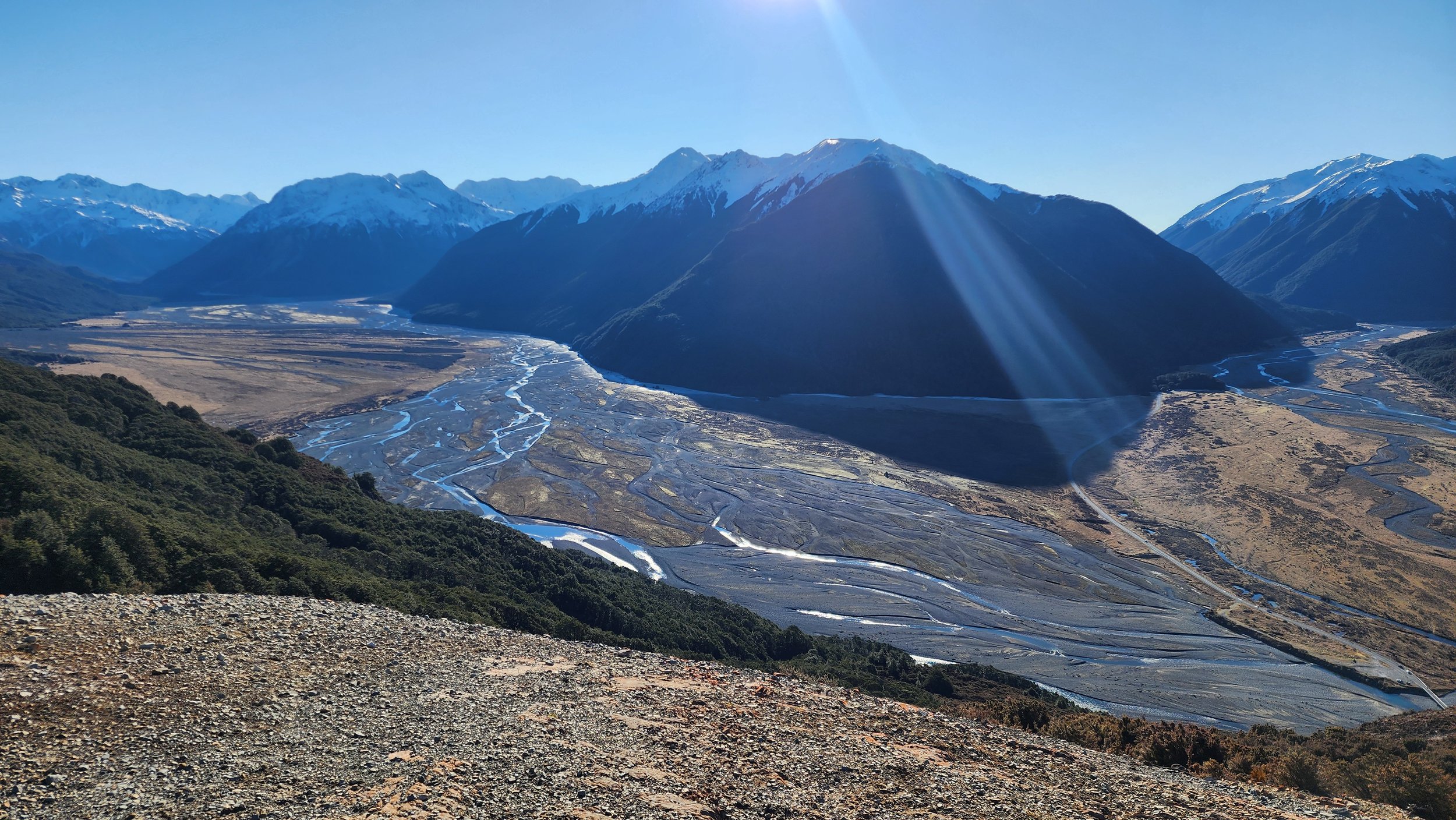 Snowy mountains and braided river valley viewed from Bealey Spur Track in Arthur's Pass