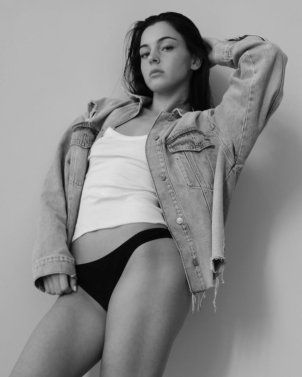 LILY × MINT — Denim jacket, monochrome fashion portrait, photographed by CAMR Visuals.