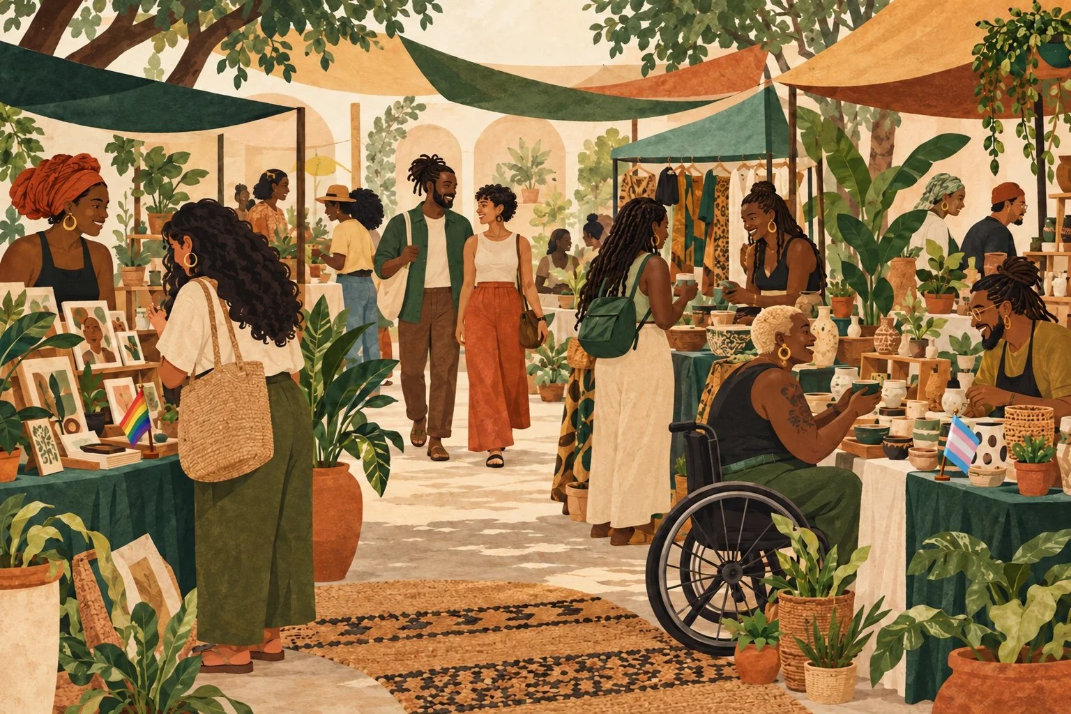 Painted courtyard market with Black and brown makers, neighbors, and small Pride flags on vendor tables.