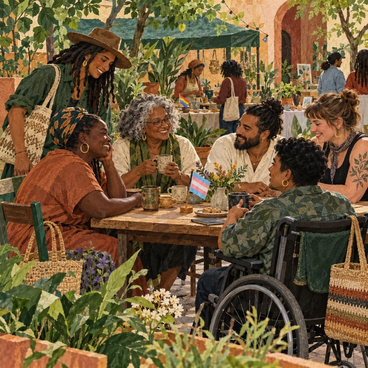 Painted illustration of diverse neighbors sharing coffee at a market table with a small transgender Pride flag.