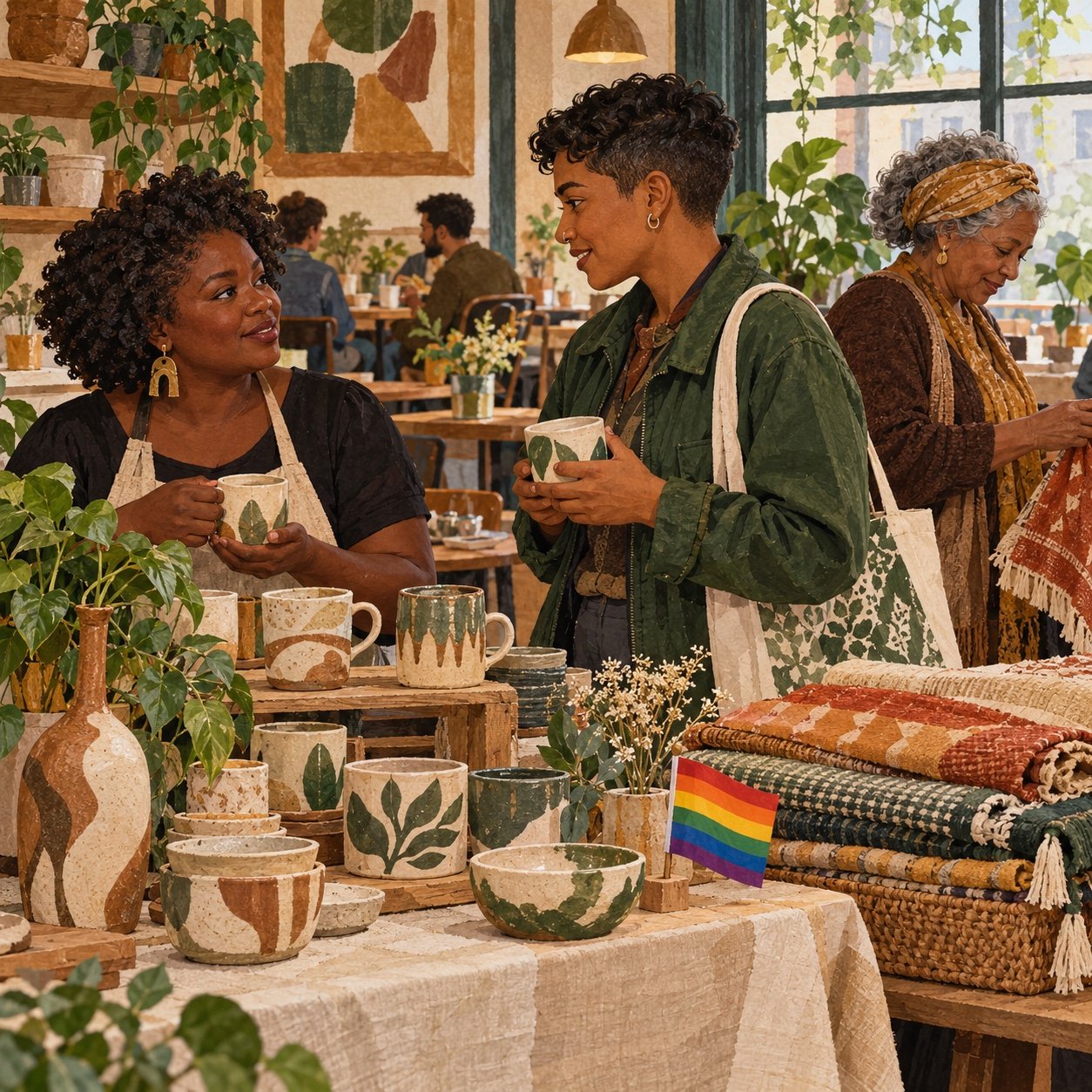 Painted illustration of a Black ceramic maker chatting with a shopper at a café market, with a small rainbow flag on the table.