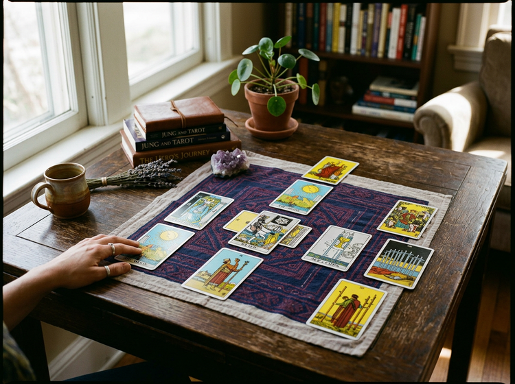 Tarot spread on a table by a window