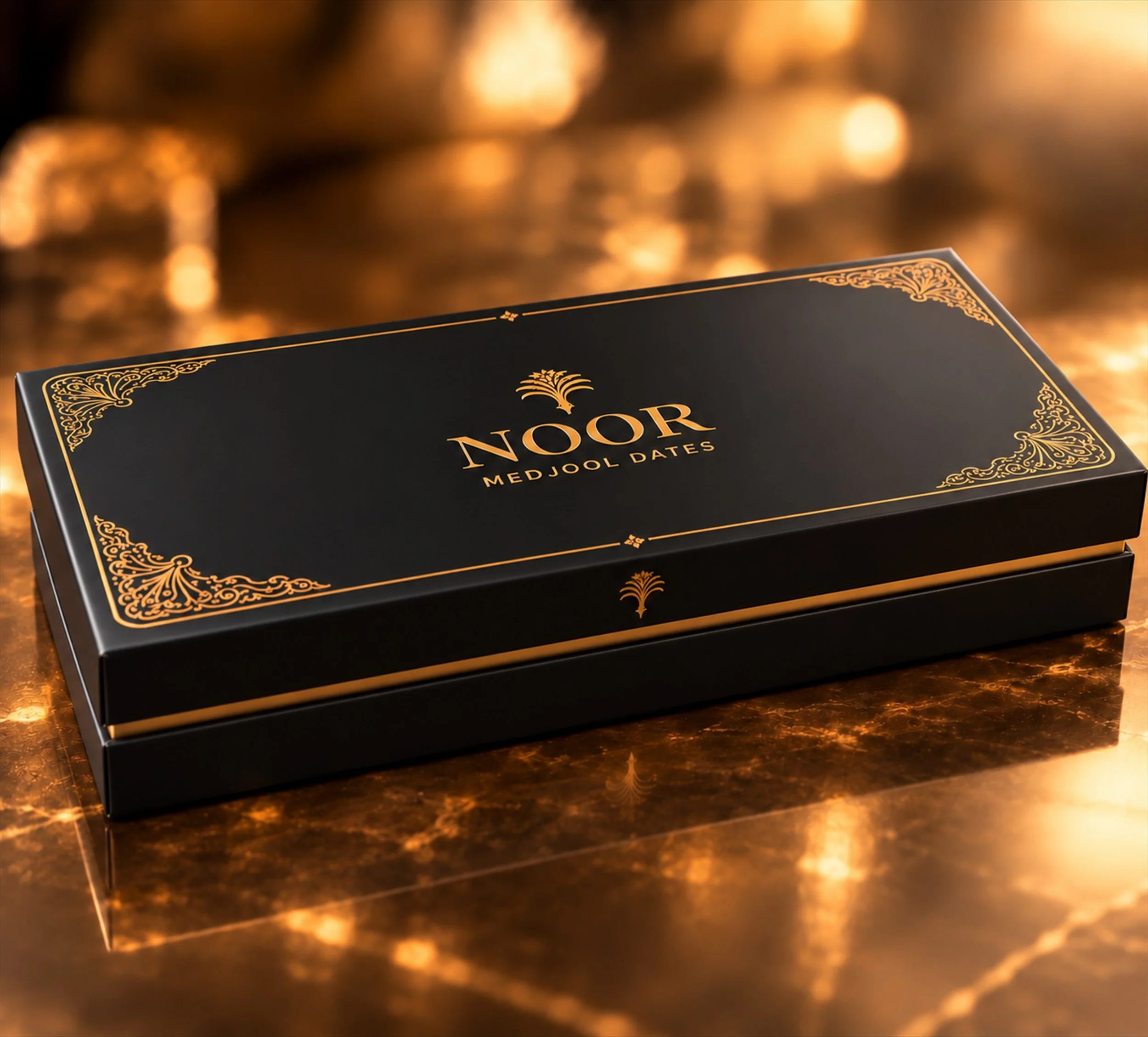 NOOR rectangular Medjool date gift box with a gold middle rim